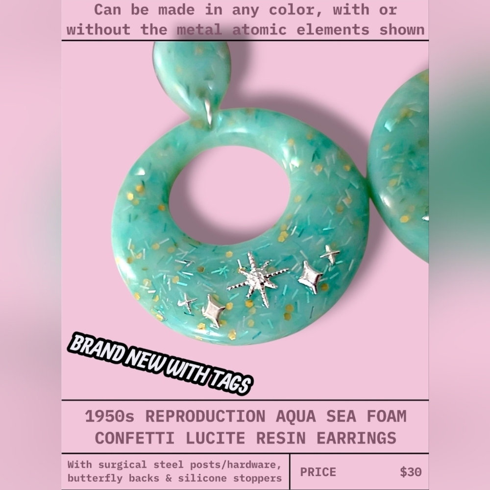 1950s Style Aqua Confetti Lucite Resin Earrings | Atomic Retro Vintage Look